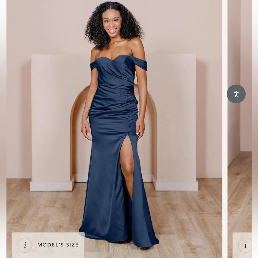 Flattering Satin Ariel Dress by Revelry in Navy Blue. Never worn